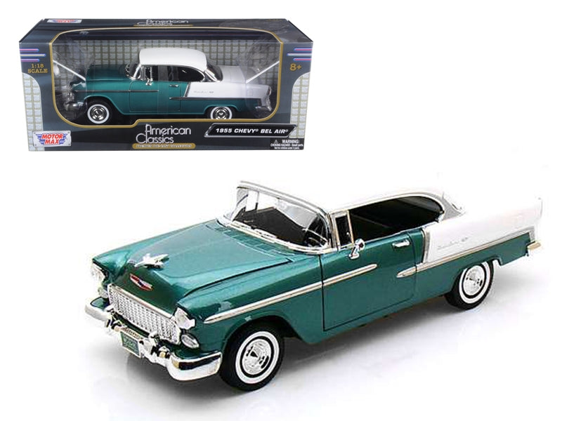 1955 Chevrolet Bel Air Hard Top Green Metallic and White 1/18 Diecast Model Car by Motormax FSSA Global B