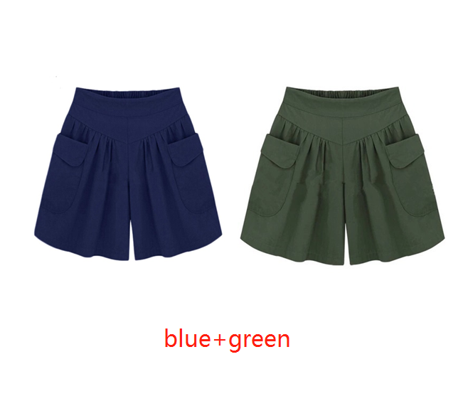 Color: Blue+green, size: S - Plus fertilizer XL women's fat mm loose shorts summer casual elastic waist wide leg was thin hot pants