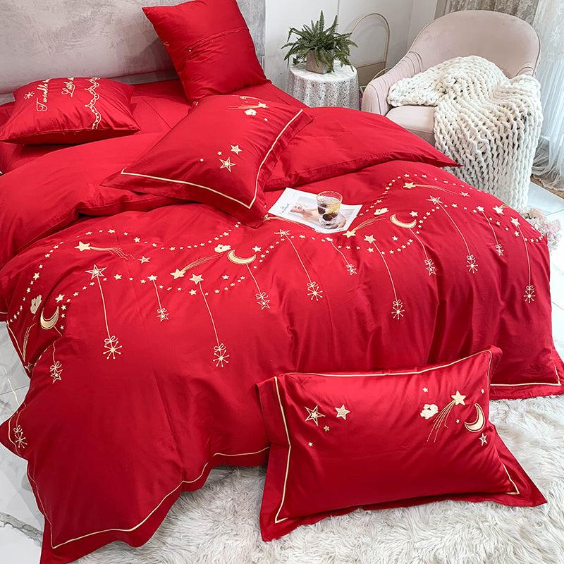 European Style Wedding Four-piece Full Cotton Pure Cotton Red Embroidery FSSA Global Bullet