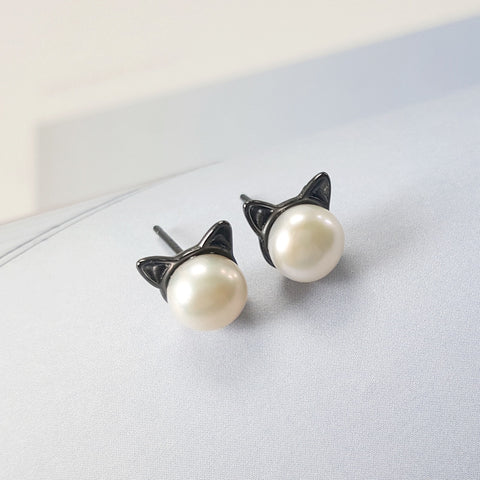 Color: Black gold, fineness: 925 Silver - 925 sterling silver natural freshwater pearl sprouting cat cat ears earrings