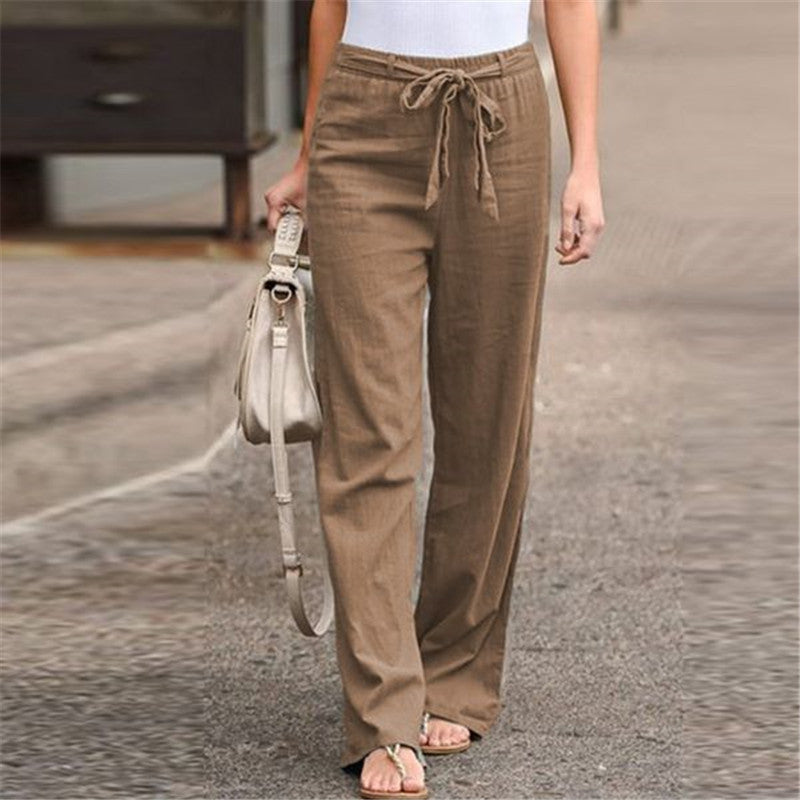 Elastic waist solid color cotton and linen wide-leg pants loose trousers - Color: Khaki, Size: L