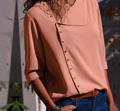 Color: Pink, Size: M - Irregular Oblique Collar Long-sleeved Blouse Shirt