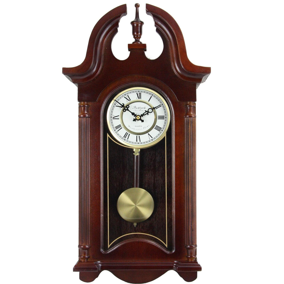 Bedford Clock Collection 26.5 Inch Chiming Pendulum Wall Clock in Colonial Mahogany Cherry Oak Finish FSSA Global B