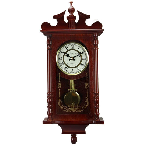 Bedford Collection 25 Inch Wall Clock with Pendulum and Chime in Dark Redwood Oak Finish - FSSA Global Bullet