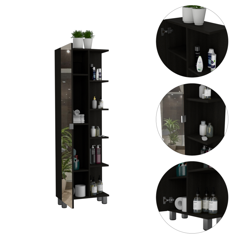 Urano Mirror Linen Cabinet; Four Interior Shelves; Five External Shelves -Black