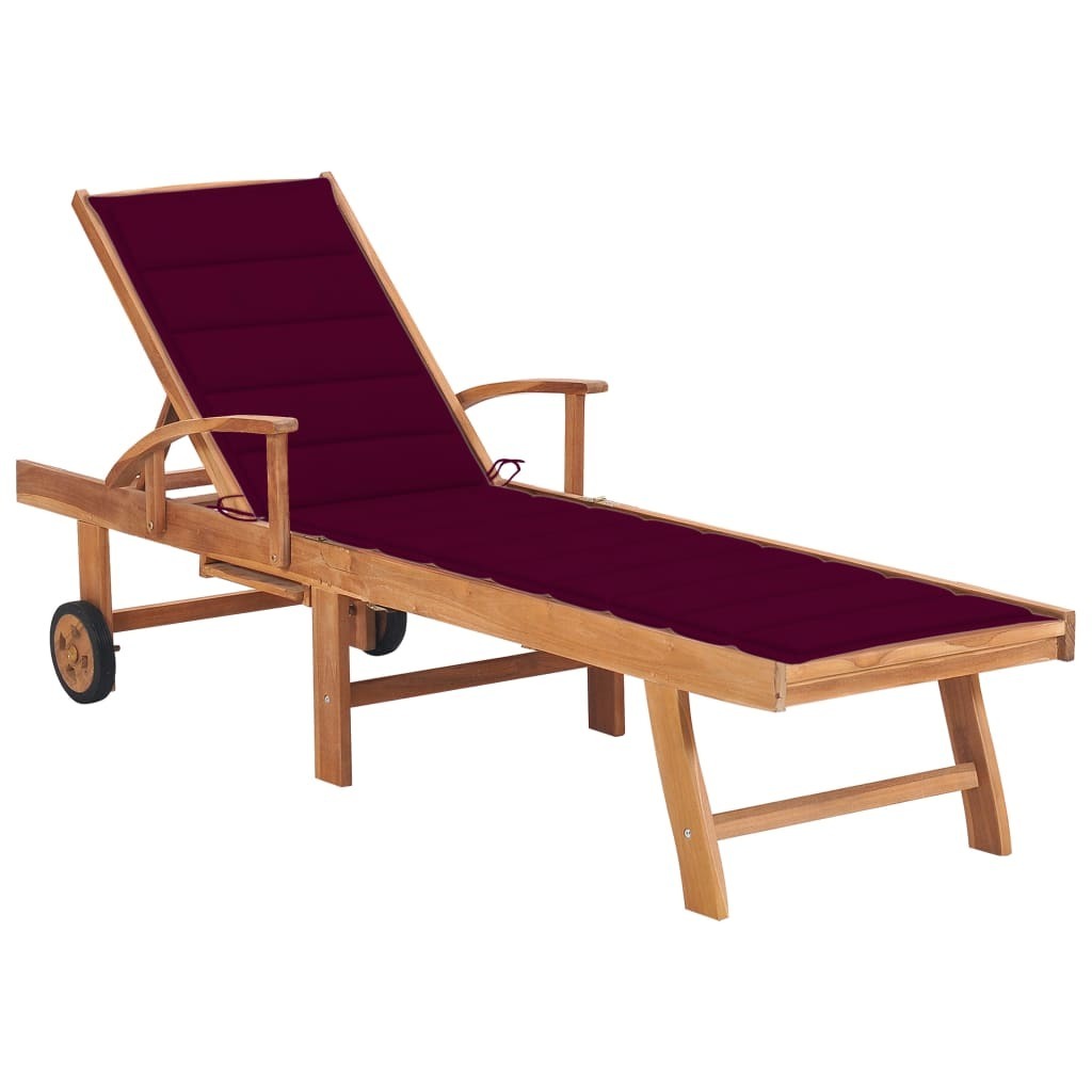 Sun Lounger with Wine Red Cushion Solid Teak Wood
