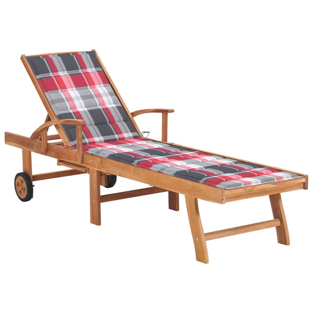 Sun Lounger with Red Check Pattern Cushion Solid Teak Wood
