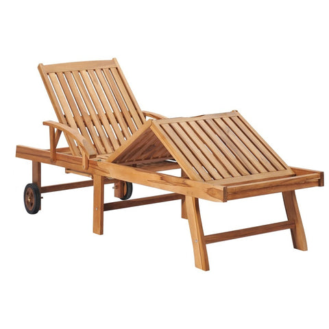 Sun Lounger with Red Check Pattern Cushion Solid Teak Wood