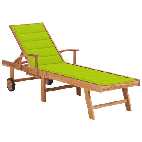 Sun Lounger with Bright Green Cushion Solid Wood Teak