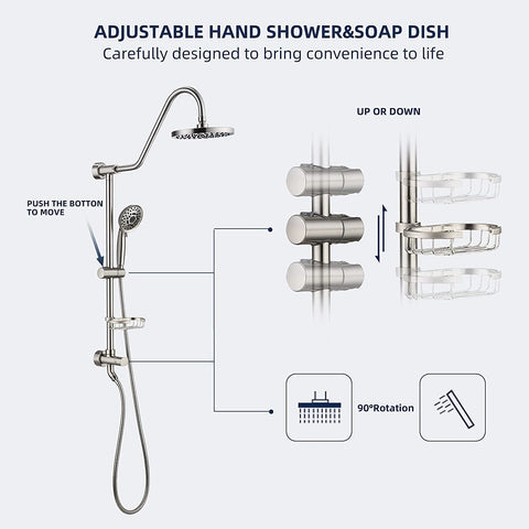 8 inch Wall Mount Dual Shower Heads with Soap Dish in Brushed Nickel, 5-Function Hand Shower