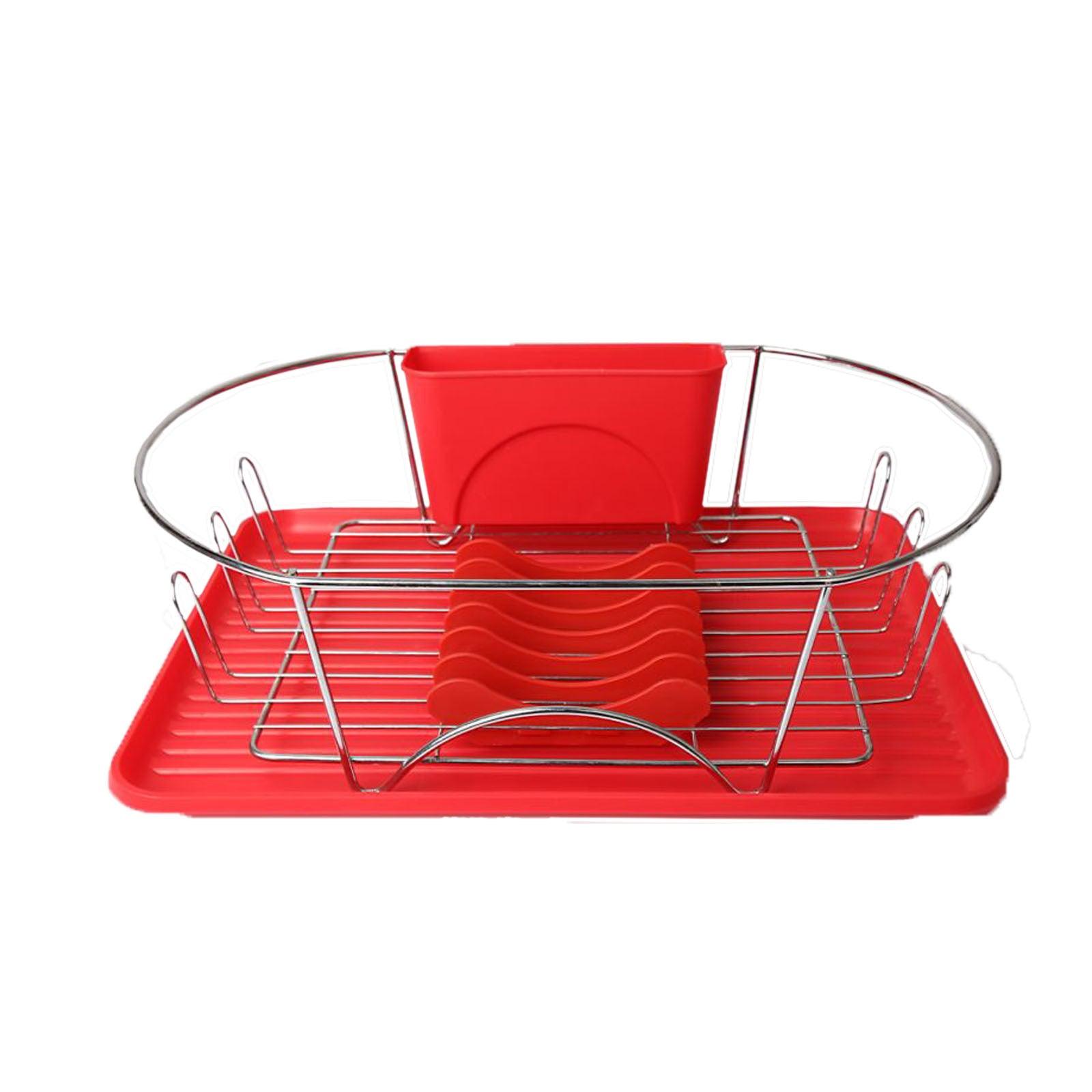 MegaChef 17 Inch Red and Silver Dish Rack with Detachable Utensil holder and a 6 Attachable Plate Positioner FSSA Global B