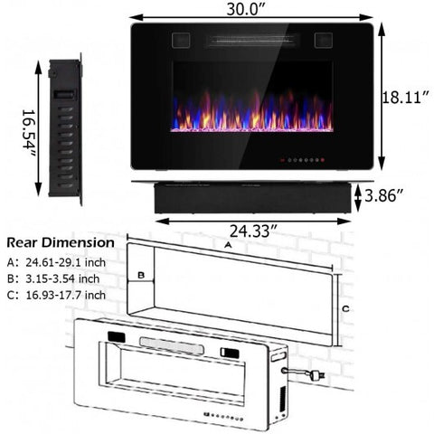 30-Inch Recessed Ultra Thin Electric Fireplace Heater with Glass Appearance - Color: Black - Size: 30 inches
