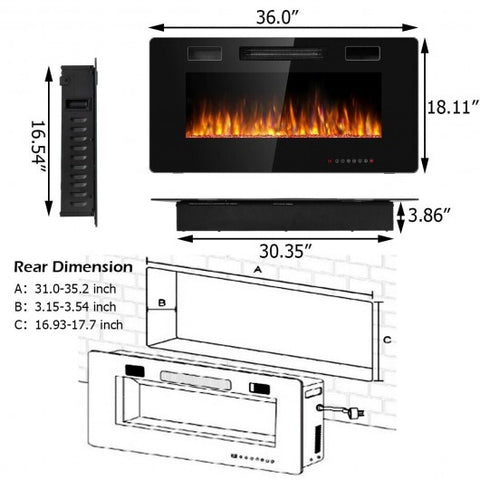 36 Inch Ultra Thin Wall Mounted Electric Fireplace - Color: Black - Size: 36 inches