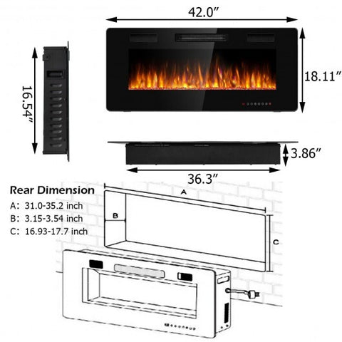 42 Inch Recessed Ultra Thin Electric Fireplace with Timer - Color: Black - Size: 42 inches