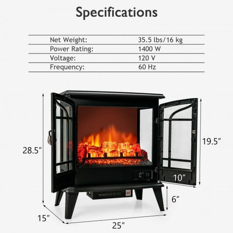 25 Inch Freestanding Electric Fireplace Heater with Realistic Flame effect-Black - Color: Black - Size: 25 inches