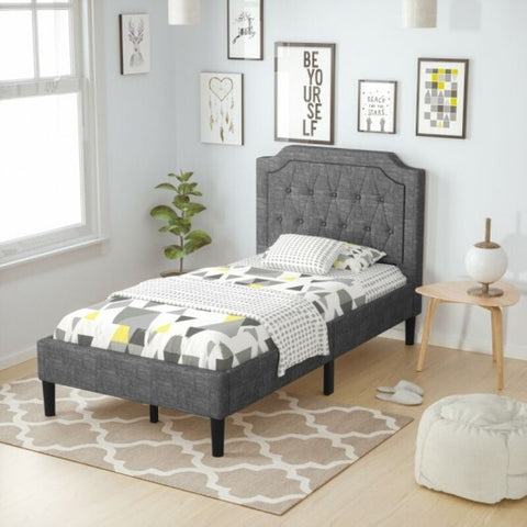 Linen Twin Upholstered Platform Bed with Frame Headboard Mattress Foundation - Color: Black - Size: Twin Size