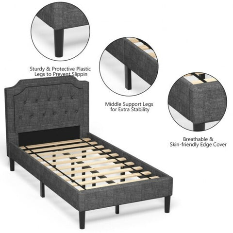 Linen Twin Upholstered Platform Bed with Frame Headboard Mattress Foundation - Color: Black - Size: Twin Size