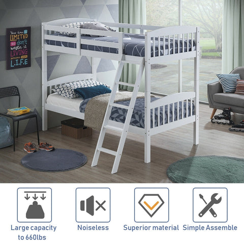 Hardwood Twin Bunk Beds with Individual Kid Bed Ladder-White - Color: White