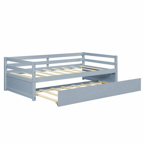 Twin Size Trundle Platform Bed Frame with  Wooden Slat Support-Gray - Color: Gray