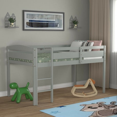 Wooden Twin Low Loft Bunk Bed with Guard Rail and Ladder-Gray - Color: Gray - Size: Twin Size