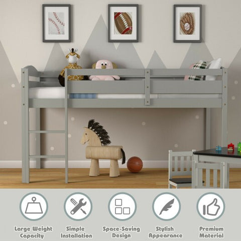 Wooden Twin Low Loft Bunk Bed with Guard Rail and Ladder-Gray - Color: Gray - Size: Twin Size