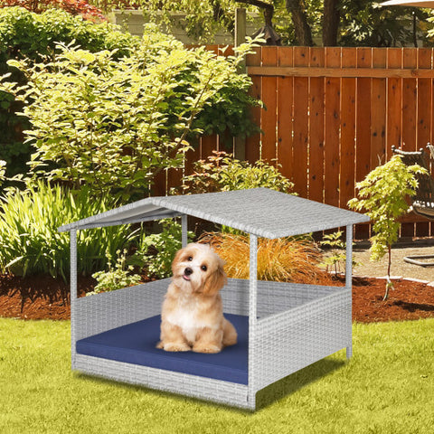 Wicker Dog House with Waterproof Roof and Washable Cushion Cover-Navy - Color: Navy