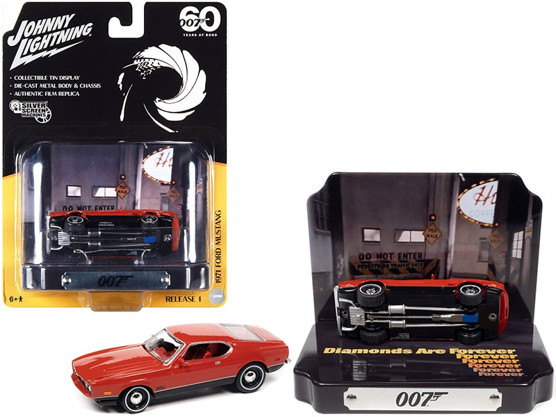 1971 Ford Mustang Mach 1 Red with Collectible Tin Display "007" (James Bond) "Diamonds Are Forever" (1971) Movie "60 Years Of Bond" 1/64 Diecast Model Car by Johnny Lightning