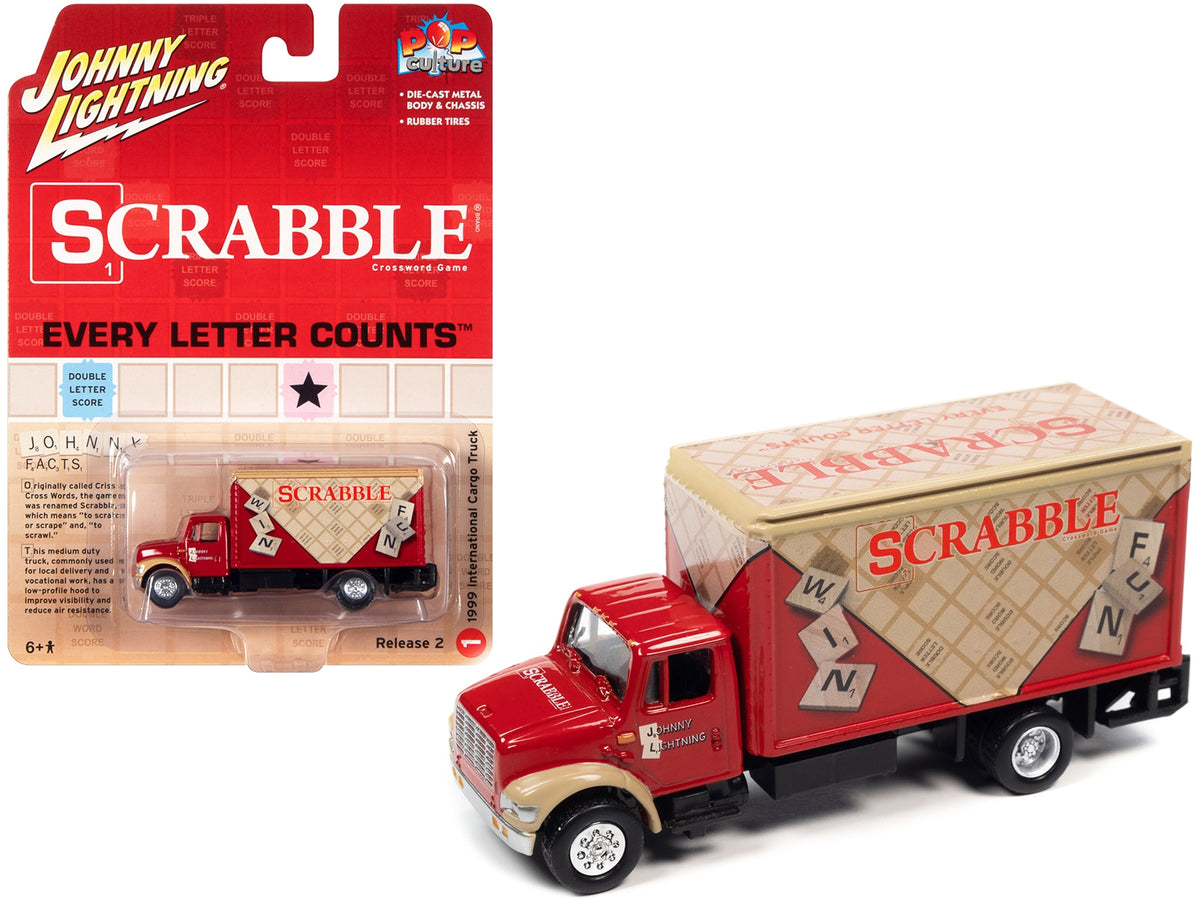 1999 International Cargo Truck Red with Graphics "Scrabble" "Pop Culture" 2022 Release 2 1/64 Diecast Model Car by Johnny Lightning