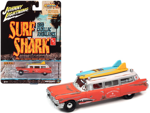 1959 Cadillac Ambulance Red with White Top "Malibu Beach Rescue" (Weathered) with Surfboards on Roof "Surf Shark" "Street Freaks" Series 1/64 Diecast Model Car by Johnny Lightning