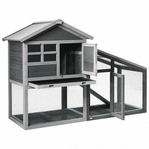 56.5 Inch Length Wooden Rabbit Hutch with Pull out Tray and Ramp - Color: Gray - FSSA Global Bullet