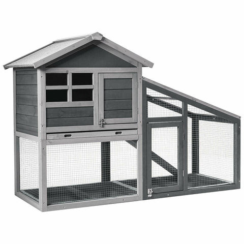 56.5 Inch Length Wooden Rabbit Hutch with Pull out Tray and Ramp - Color: Gray - FSSA Global Bullet