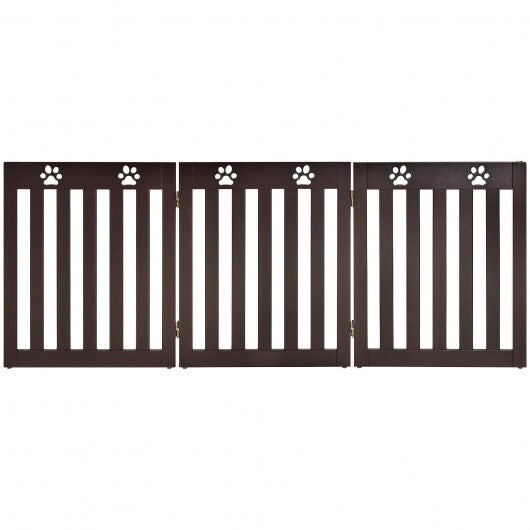 24 Inch Folding Wooden Freestanding Dog Gate with 360? Flexible Hinge for Pet-Dark Brown