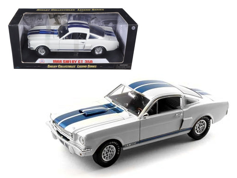 1966 Ford Mustang Shelby GT350 White with Blue Stripes 1/18 Diecast Model Car by Shelby Collectibles