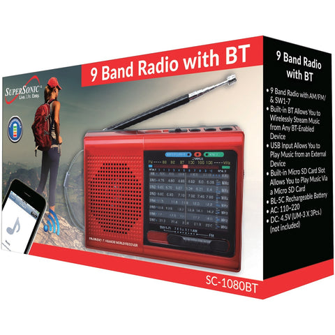 Supersonic SC-1080BT- RED 9-Band Rechargeable Bluetooth Radio with USB/SD Card Input (Red)