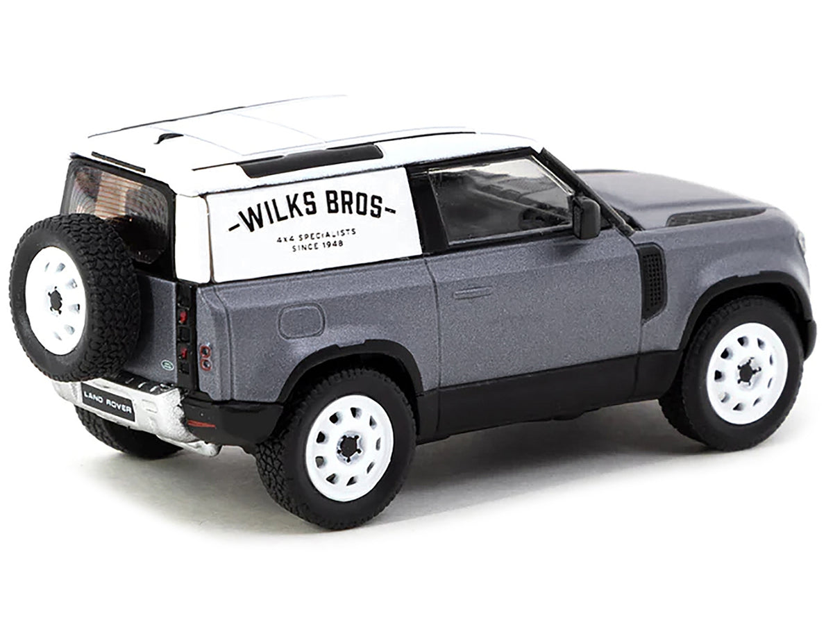 Land Rover Defender 90 Matt Blue Gray Metallic with White Top "Wilks Bros" "Global64" Series 1/64 Diecast Model Car by Tarmac Works