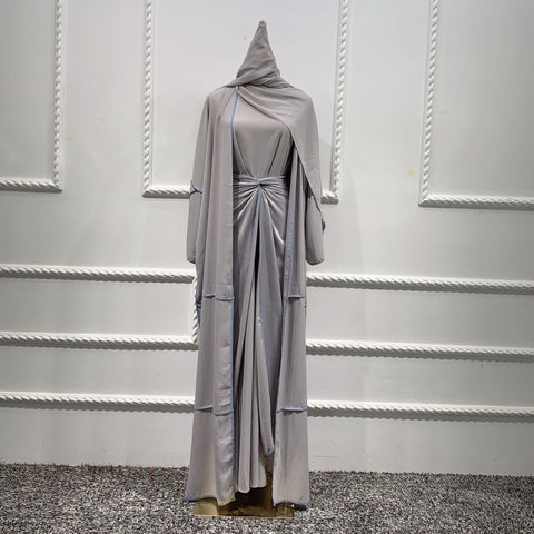 Color: Gray and headscarf, Size: S - Three-piece Suit With Solid Color Base Outer Cape