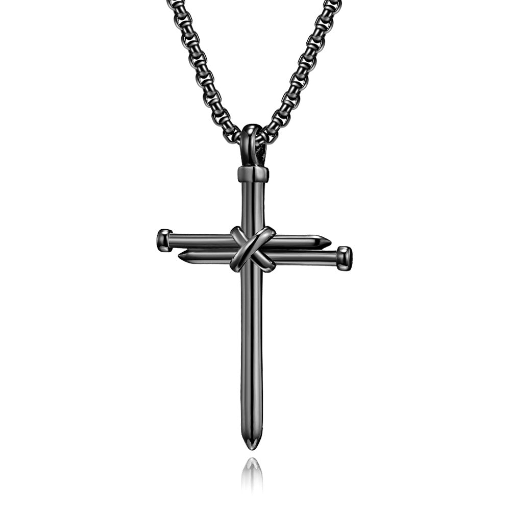 Color: Black, style: Pendant - Stainless Steel Nail Combination Cross Necklace