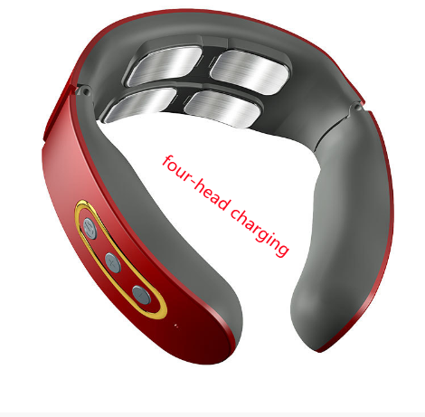 Color: Red, style: A, power: USB - Four-Head Electric Pulse Neck Massager Far Infrared Heat Pain Relief Tool