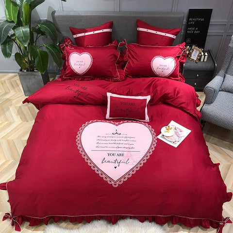 European Style Wedding Four-piece Full Cotton Pure Cotton Red Embroidery FSSA Global Bullet