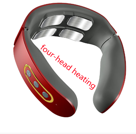 Color: Red, style: B, power: USB - Four-Head Electric Pulse Neck Massager Far Infrared Heat Pain Relief Tool