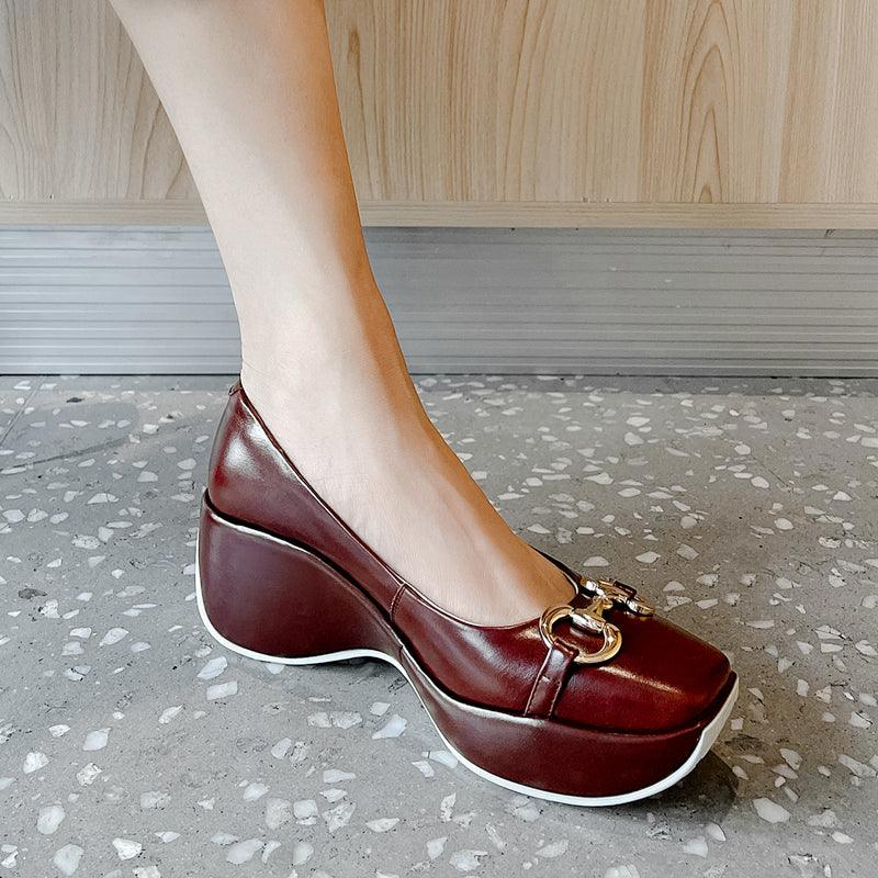 Thick Soled Leather Square Toe Retro High-heeled Women's Shoes FSSA Global Bullet