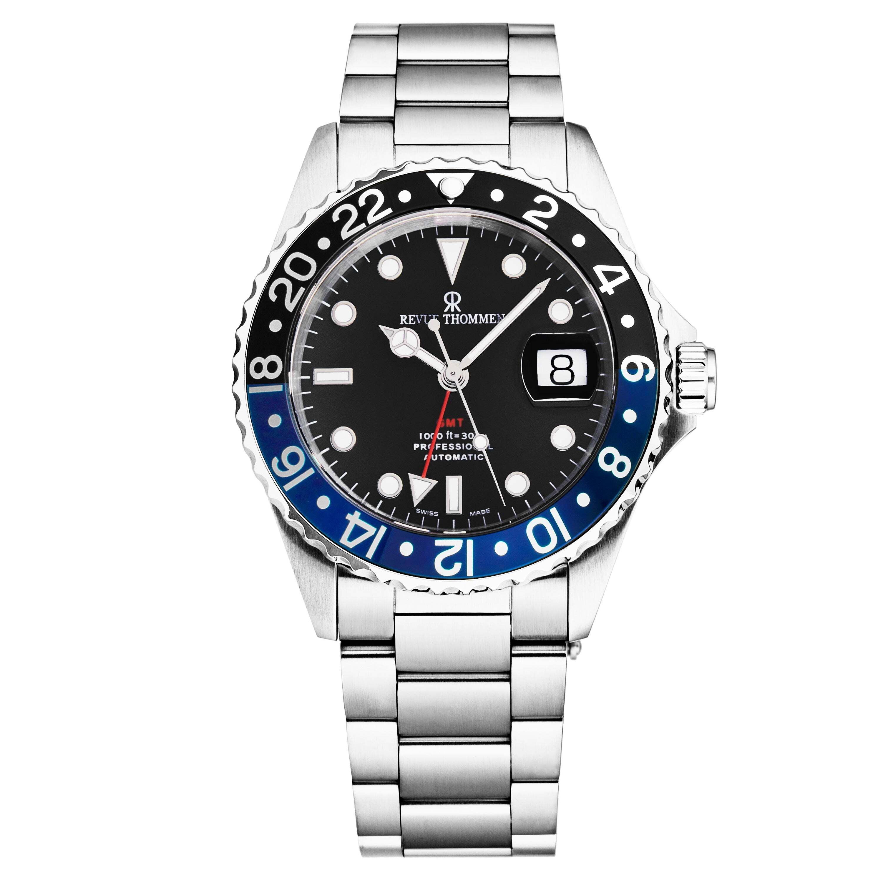 Revue Thommen Men's 17572.2133 'Diver' Black Dial Black and Blue Bezel GMT Automatic Watch