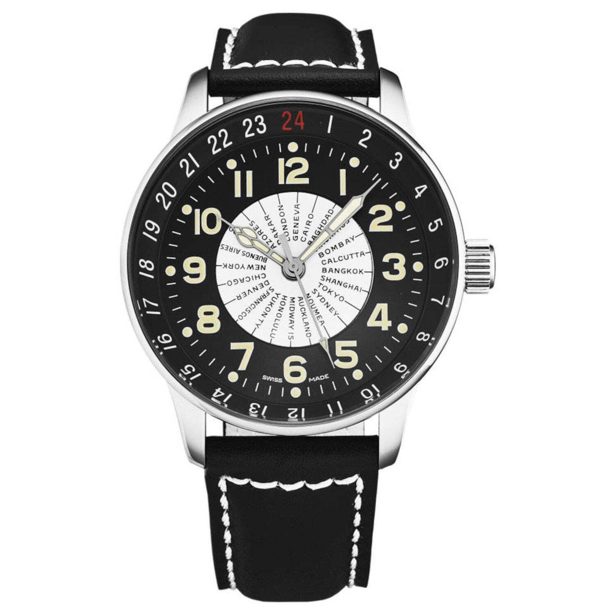 Zeno P554WT-B1 Men's P554WT-B1 'Pilot' X-Large world timer Limited Edition Black Dial Black/White Leather Strap Automatic Watch